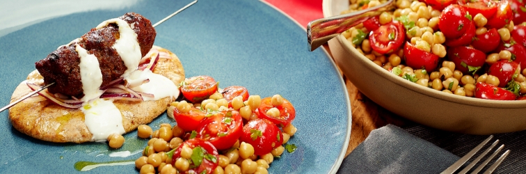 BBQ Beef Koftas, Grilled Pittas, Chickpea and Piccolo Tomato Salad