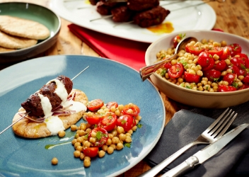 BBQ Beef Koftas, Grilled Pittas, Chickpea and Piccolo Tomato Salad