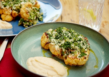 BBQ Cauliflower Steak, Mature Cheddar Herb Topping, Smoked Paprika Sauce