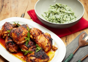 Mustard Spiced Chicken Thighs, Minted Runner Beans Spinach Salad