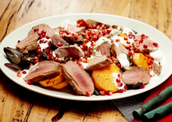 Roasted Rosemary Lamb Loin, Sweet Potatoes, Red Onions and Pomegranate