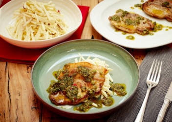 Roasted Pork Chops, Celeriac and Apple Slaw, Chimichurri Sauce