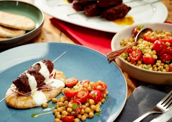 BBQ Beef Koftas, Grilled Pittas, Chickpea and Piccolo Tomato Salad