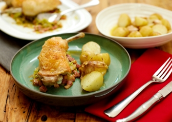 Chicken Legs with Smoked Bacon Leeks and Garlic Potatoes