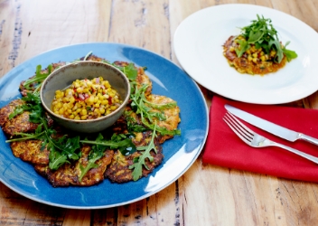 Courgette and Lancashire cheese wholemeal pancakes, sweetcorn salsa