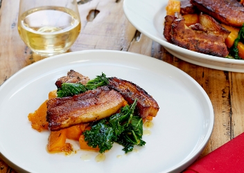 Maple Glazed Pork Belly Strips, Roasted Butternut Squash and Curly Kale