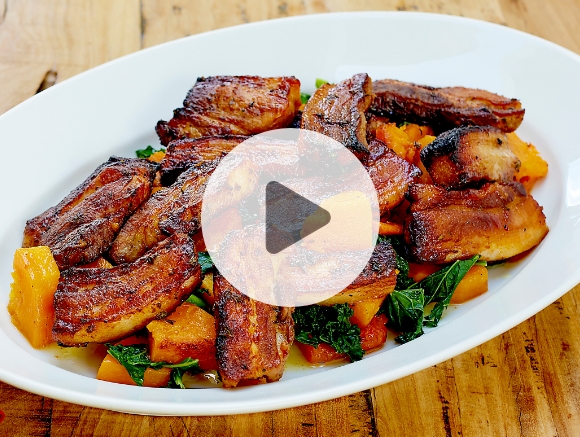 Maple Glazed Pork Belly Strips, Roasted Butternut Squash and Curly Kale