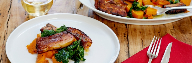 Maple Glazed Pork Belly Strips, Roasted Butternut Squash and Curly Kale