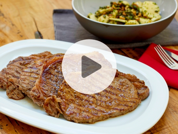 Sirloin Steaks, Jerusalem Artichoke,Walnut and Pumpkin Seed Salad